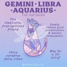 an image of a cat with the words gemini libra aquarius on it