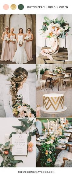 wedding color palettes for the bride and groom in shades of pink, green, gold, and white