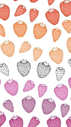 many different types of strawberries on a white background with pink and orange dots in the middle