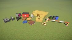 several different types of toys are arranged in the middle of an open field with grass