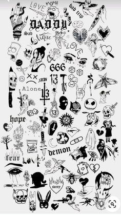 an image of many different types of tattoos on a white background with black and white lettering