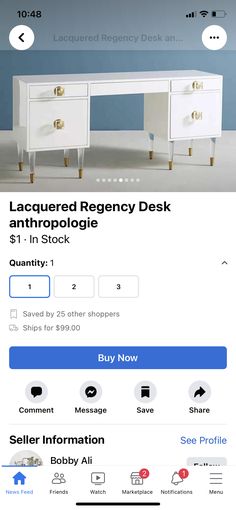 an image of a white desk with gold hardware on it's sides and the words lacquered regency desk antropologie in stock below