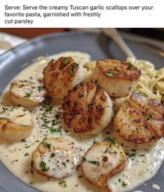 some scallops and pasta on a plate with white sauce in the middle,