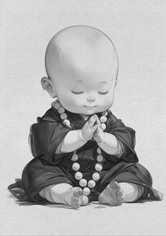 a black and white drawing of a baby with beads on it's feet sitting down