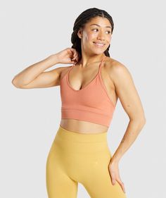 Gymshark Studio Seamless Sports Bra - Orange | Gymshark Yoga And Stretching, Supportive Sports Bras, Yoga Sports Bra, Seamless Sports Bra, Yoga Bra, Fitness Studio, Bra Straps