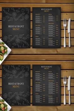 two menus with different types of food on them and silverware next to each other