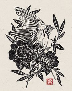 a black and white drawing of a bird sitting on top of flowers with the word rg written below it