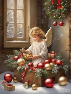 a painting of an angel sitting on top of a box filled with christmas balls and nuts