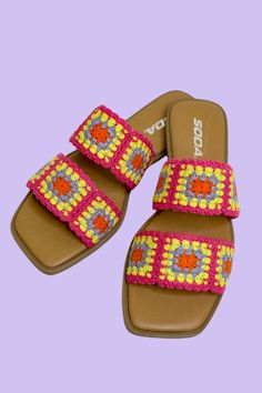 Meet Mochi -- Your go to sandal for the summer! This slip on sandal features pink/yellow/and blue crotchet across the double straps, a flat sole, and a square toe. Mochi Crochet, Fancy Sandals, Crochet Sandals, Crochet Shoes, Yellow And Blue, Crochet For Kids, The Double, Crochet Motif, Crochet Ideas