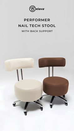 an image of two chairs with wheels on the bottom and one is brown and white