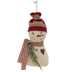 a knitted snowman ornament hanging from a string