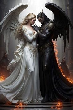 an angel and a demon are standing next to each other in front of a fire