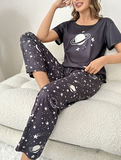 Galaxy Print Tee & Trousers PJ Set Multicolor Cute  Short Sleeve  Galaxy Pant Sets Slight Stretch All Women Sleep & Lounge, size features are:Bust: ,Length: ,Sleeve Length: Shein Pj Set, Galaxy Pants, Sleepwear Women Pajamas, Pyjama Satin, Elastic Waistband Pants, Galaxy Print, Pant Sets, Print Pajamas