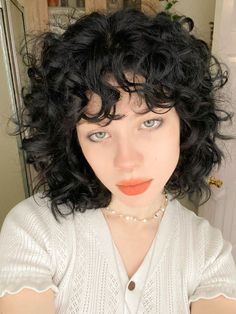 Black Short Hairstyles Curly, Short Curly Hair With Straight Bangs, Short Curly Hair Grunge, Black Wavy Short Hair, Curly Short Hair Girl, Short Black Hair Curly, Short Dark Wavy Hair, Black Curly Hair With Bangs, Short Curly Dark Hair