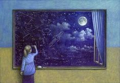 a drawing of a child writing on a chalkboard with the moon in the background