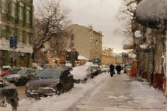 a painting of people walking down a snowy street in the city with cars parked on both sides