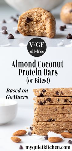 almond coconut protein bar with chocolate chips on top and the words, glup oil free