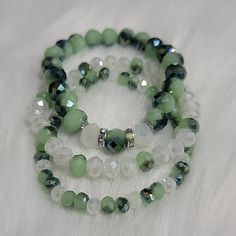 Handmade Stackable Stretch Bracelet Set Of 3 Glass Beads Iridescent Spacer Detail Green Handmade Jewelry, Green Bead Bracelet Ideas, Flat Beaded Bracelets, Glass Bracelet Ideas, Glass Beaded Bracelets Ideas, Glass Beads Bracelet Ideas, Stretch Beaded Bracelets Diy, Pulseras Kandi, Girly Bracelets