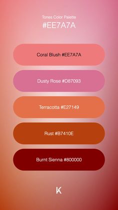 Tones Color Palette Coral Blush #EE7A7A · Dusty Rose #D87093 · Terracotta #E27149 · Rust #B7410E · Burnt Sienna #800000 Color Palette Coral, Coral Colour Palette, Coral Blush, Dark Autumn, Burnt Sienna, Coral Color