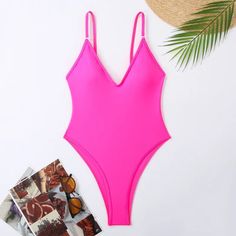 Womens Hot Pink V-neck One-piece Swimsuit Beachwear Trendy V-neck Swimwear For Summer, Pink Sleeveless Swimwear For The Pool, Pink Sleeveless Swimwear For Beach Season, Pink One Pieces For Summer Vacation, Pink Summer One Piece For Vacation, Pink One Piece For Summer Vacation, Trendy One-piece Swimwear For Vacation, Pink Summer Vacation One-pieces, Pink Swimwear For Summer Beach Party