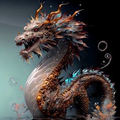 a dragon statue sitting on top of a body of water