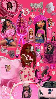 a collage of barbie dolls and other items on a pink background with hearts, flowers, butterflies, etc