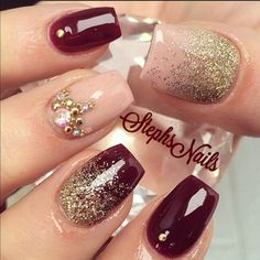 Stephanie Rochester’s (@_stephsnails_) Instagram photo – #plum#coffinshape#nude#gold ... Glitter Nail Art, Cool Nail Designs, Gorgeous Nails, Love Nails