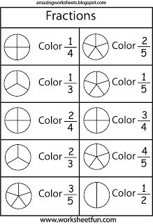 fraction worksheet with numbers and fractions on the same page, including two different colors