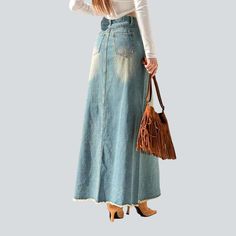 Welcome to our 2023 Spring-Summer Collection ââ‚?an eclectic mix of contemporary couture and nostalgic grunge! Step into the spotlight with our gypsy chic smoothed denim skirt ââ‚?a vogue staple for all the fashion-forward trendsetters.Why They're Your Next Summer StapleThe perfect balance between underground attitude and sophisticated style. this denim skirt will add a hint of grunge to any outfit. With its unique sanded damaged pattern and high waist fit. it's sure to turn heads.Key Highlights Denim Skirt Jeans For Spring, Denim Blue Bohemian Cotton Skirt, Bohemian Style Denim Blue Cotton Skirt, Summer Bohemian Denim Blue Skirt, Non-stretch High Waist Skirt With Frayed Hem, Spring Bohemian Wide Leg Denim Skirt, Bohemian Wide Leg Denim Skirt For Spring, Spring Bohemian Wide-leg Denim Skirt, Bohemian Denim Blue Cotton Skirt