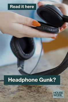 a woman is holding headphones with the words headphone gunk on it and an orange nail polish