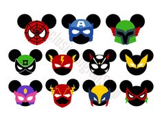 mickey mouse ears with different masks for each character in the disney world, including spiderman and