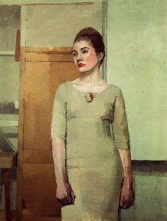 a painting of a woman in a green dress holding a handbag and standing next to a door