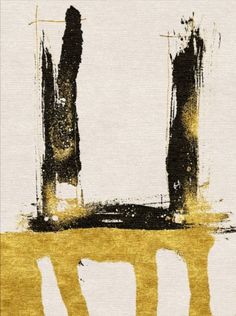 an abstract painting with yellow and black paint on white paper, in the style of brush strokes