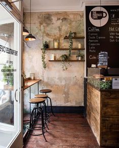 the inside of a coffee shop with wooden stools and plants hanging on the wall