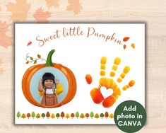 a card with an image of a child's hand and pumpkin