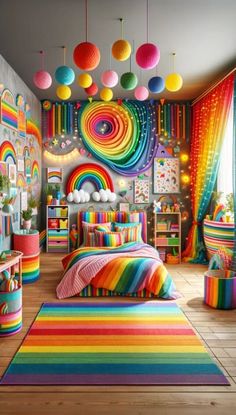 a bedroom decorated in rainbow colors with lots of hanging lights and decorations on the ceiling