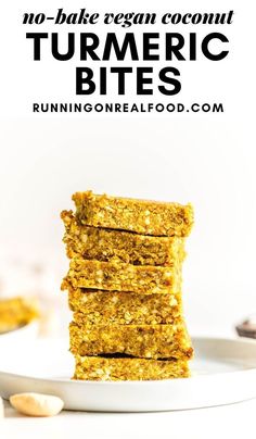 no - bake vegan coconut turmeric bites on a white plate with text overlay