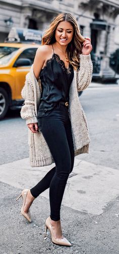 #spring #outfits Black Silk Tank Top & Black Skinny Jeans & Cream Cardigan & Nude Pumps Silk Tank Top Outfit Winter, Cami Top Outfit Winter, Silk Cami Top Outfit, Silk Top Outfit, Black Silk Tank Top, Holiday Ootd, Gergana Ivanova, Cami Outfit