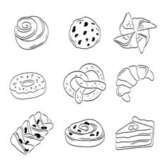 different types of pastries are shown in this black and white drawing set on a white background