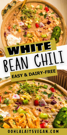 collage of white bean chili for Pinterest White Bean Crockpot Recipes, Easy White Bean Chili, Dairy Free Crockpot Meals, Vegan White Bean Chili, White Bean Chili Recipe, Dairy Free Soup Recipe, Fall Dinner Ideas, White Bean Recipes