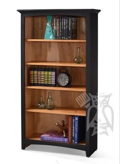 an open bookcase with books and other items on it's shelves, isolated against a white background