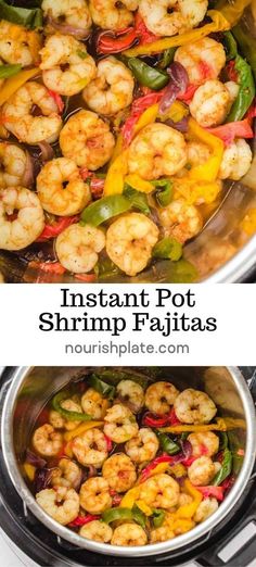 instant pot shrimp fajitas with peppers and bell peppers in the pressure cooker