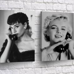 two black and white photos of marilyn monroe talking on the phone, one holding a telephone to her ear