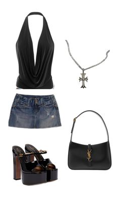 a woman's outfit and accessories including shoes, handbag, necklaces and purse