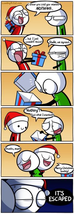 the comic strip shows what it looks like to be in santa's hat and presents