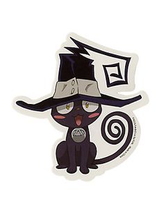 a sticker with a cat wearing a witches hat on it's head and the letter e