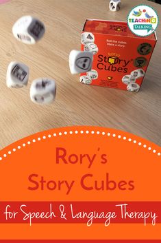 the story cubes for speech and language therapy are in front of an orange box