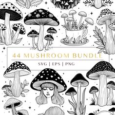 the four mushroom bundle is shown in black and white, with different types of mushrooms