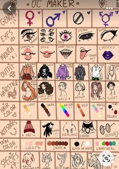 a drawing board with many different types of women's faces and names on it