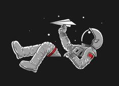 an astronaut floating in space with a paper airplane